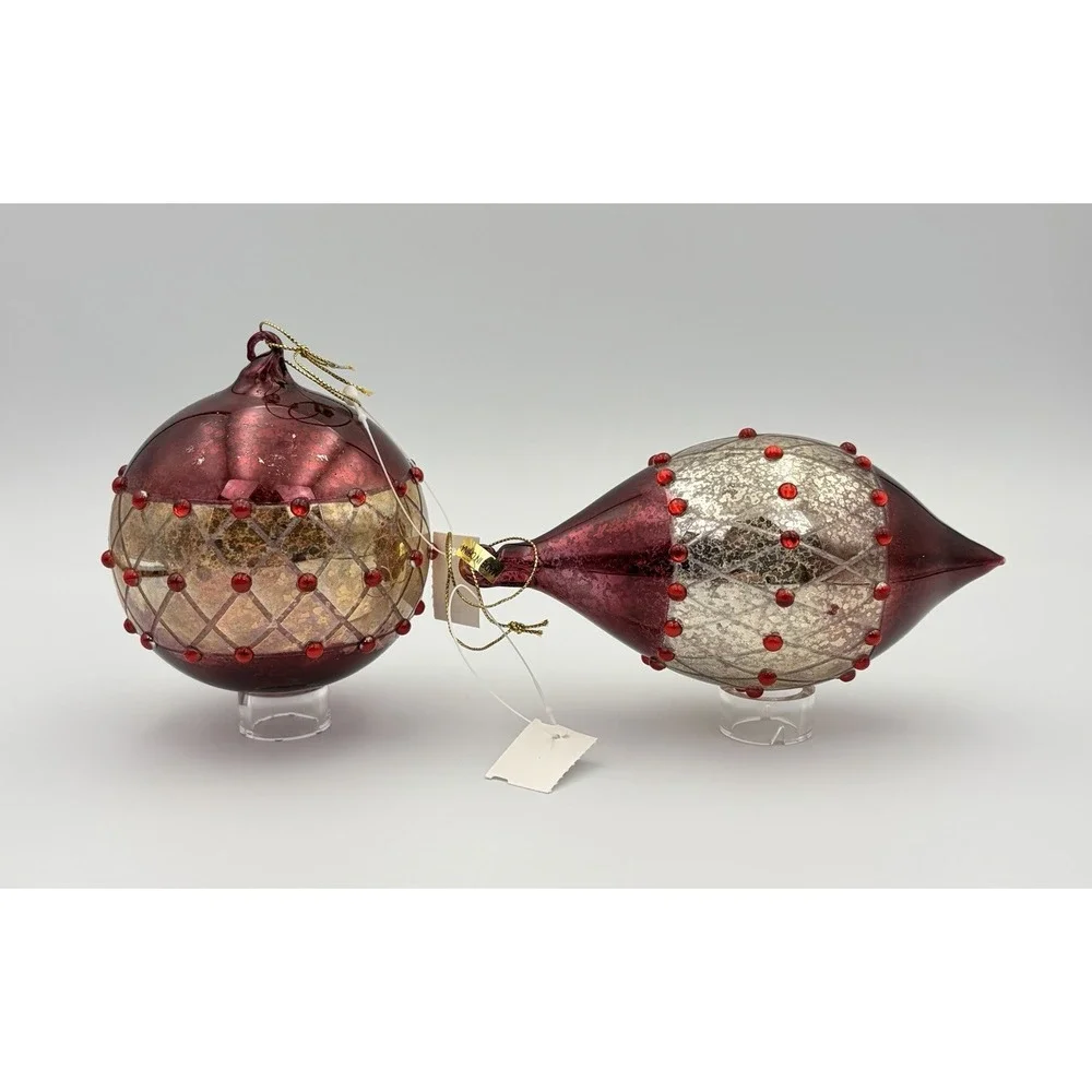 Dillards Trimmings Vintage Mercury Glass Christmas Ornaments Set 2 Burgundy Gold
